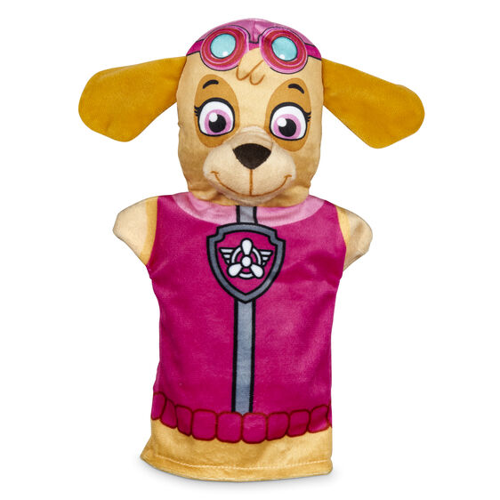 Puppet hand toy of a dog character wearing goggles and a pink vest for Melissa and Doug 33269