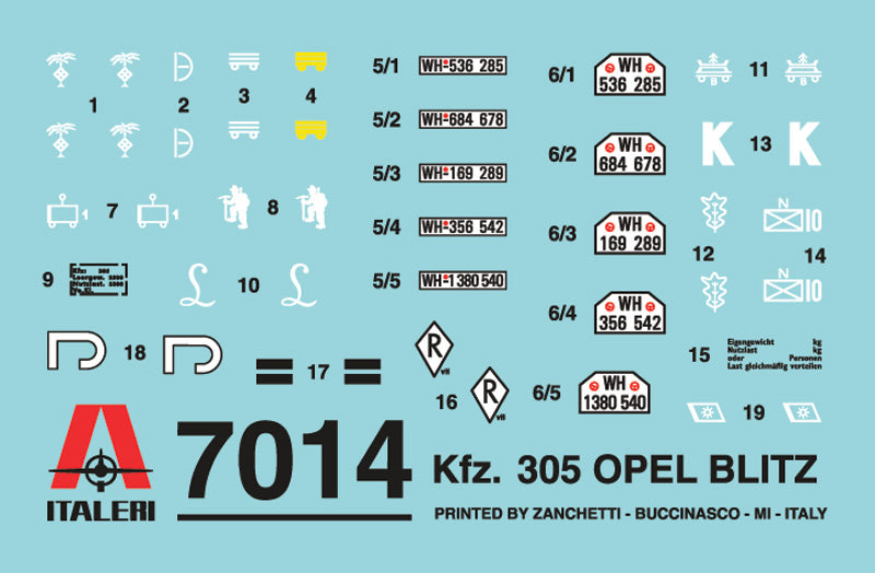 Scale model parts diagram for 1/72 Opel Blitz kit, showing various components and numbers for Italeri