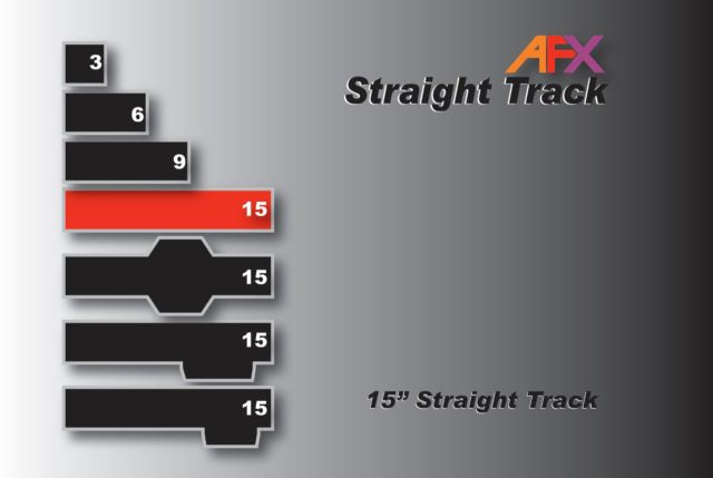 Straight track size guide showing available lengths up to 15 inches for AFX RaceMaster 70600