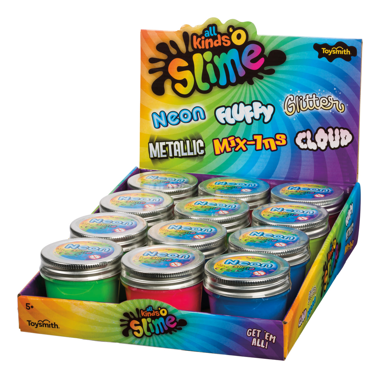 Assortment of colorful, glittery, metallic slime containers in a box for Toy Smith 7092