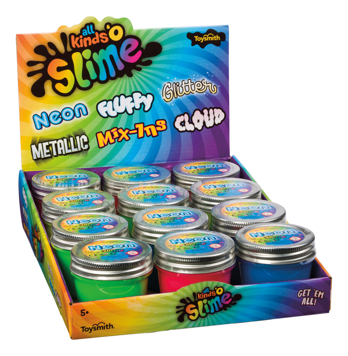 Set of neon, fluffy, glitter, metallic slime containers in a colorful box for Toy Smith 7092