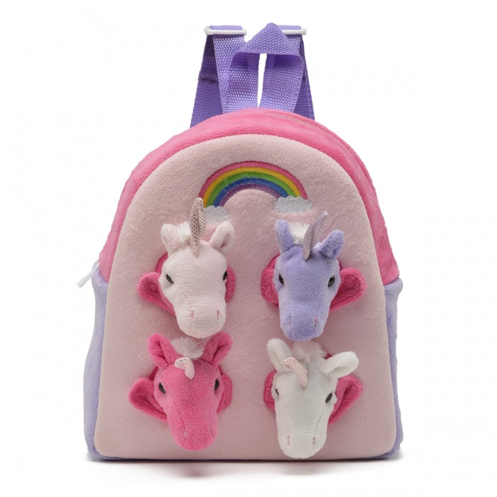 Rainbow backpack with unicorn, zebra, and giraffe plush designs for Unipak 7177UN