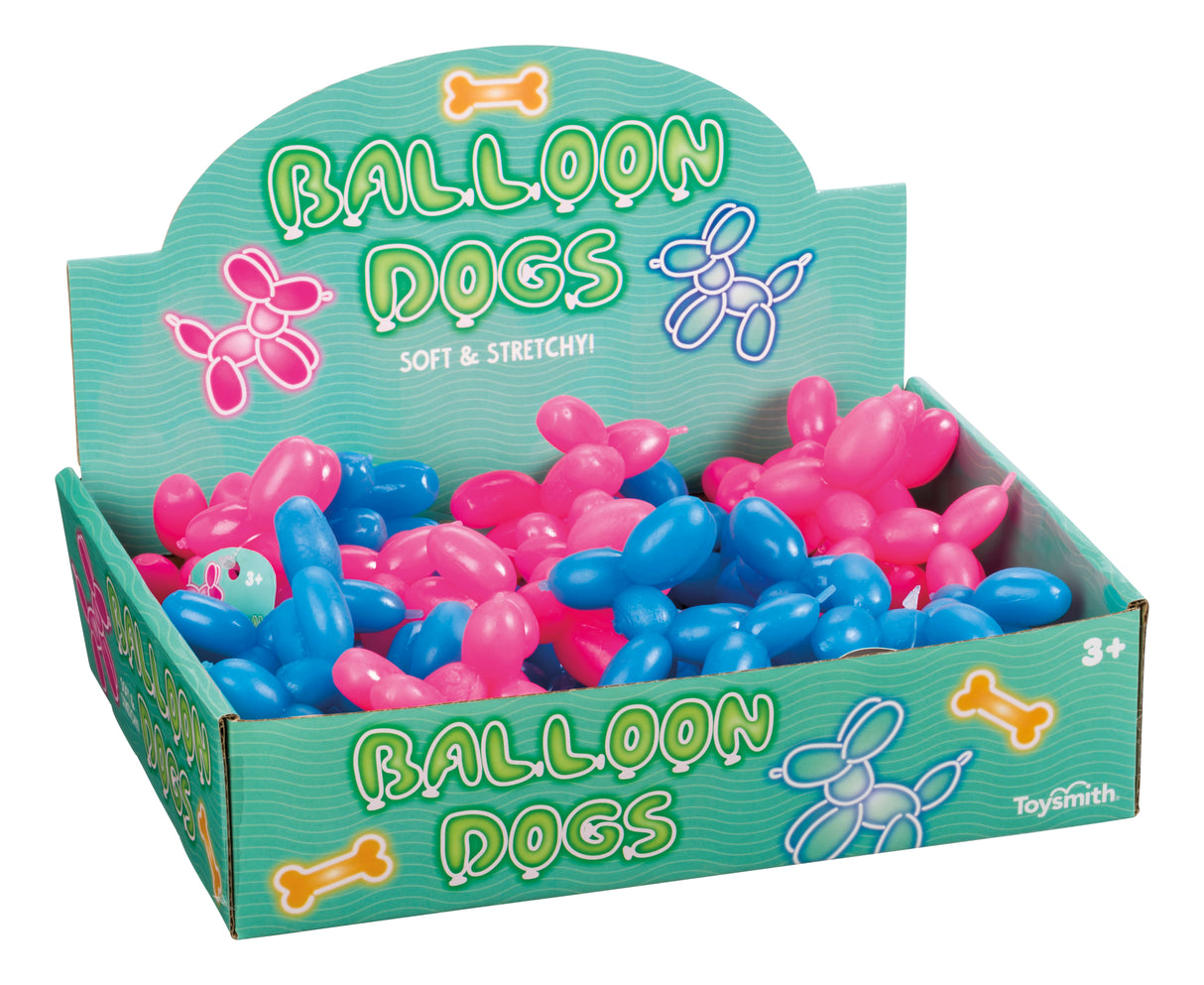 Colorful, soft, and stretchy balloon dog toys in a green box for Toysmith 7186