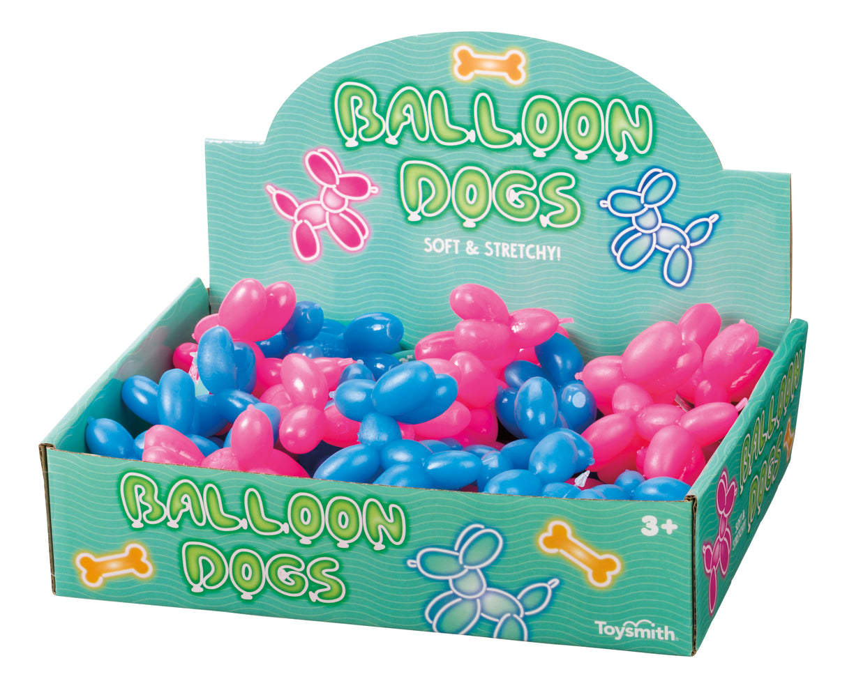 Colorful, soft, and stretchy balloon dog toys in a green cardboard box for Toysmith 7186