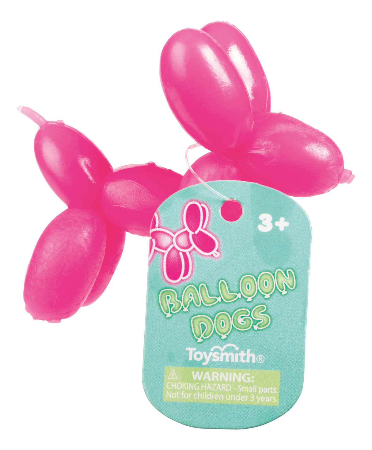 Bright pink balloon dog toys with a warning tag for Toysmith 7186