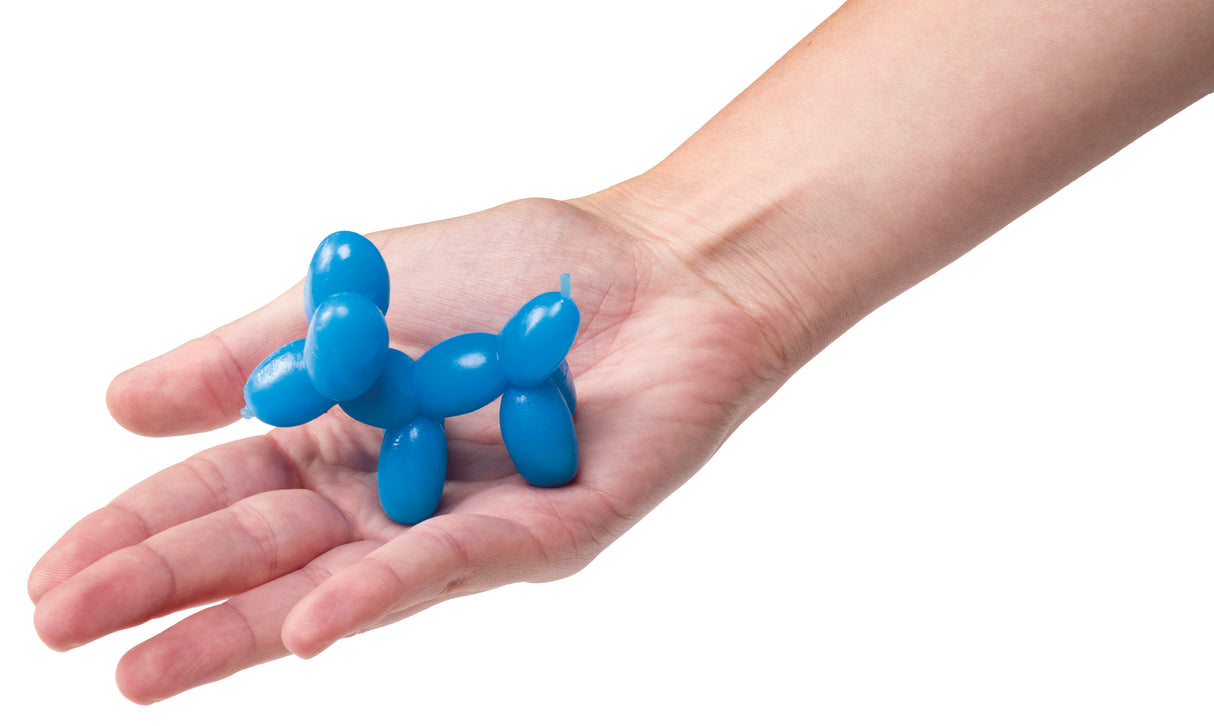 Blue balloon dog toy held in an open hand against a white background for Toysmith 7186