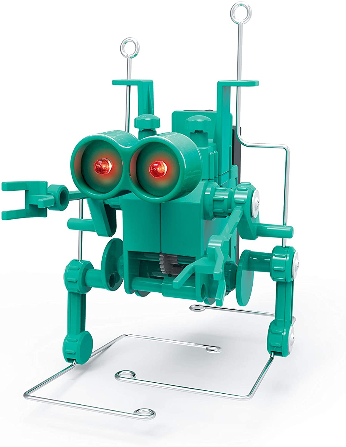 Green, toy robot toy with glowing red eyes and metal stand for Toy Smith 3869