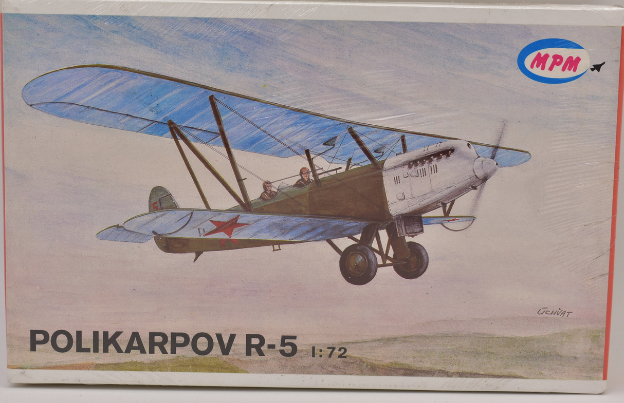 Model kit box art: Polikarpov R-5 biplane in flight for MPM Model Kits Polikarpov R-5 1:72