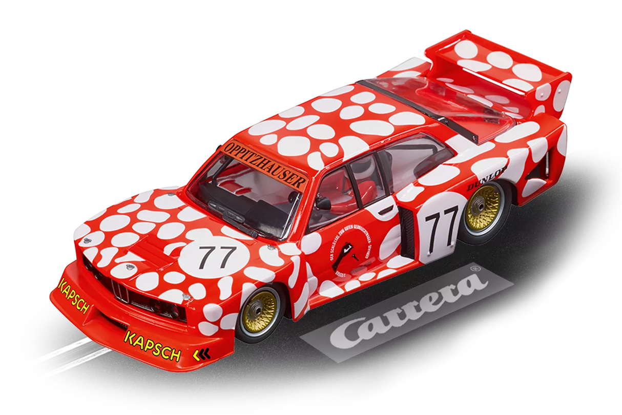 Red and white race car model, BMW 320 Turbo, with "Oppitzhauser" and "77" markings for Carrera 20027680