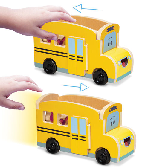 Yellow pull-back wooden school bus toy, showing two different views for Melissa and Doug 33011
