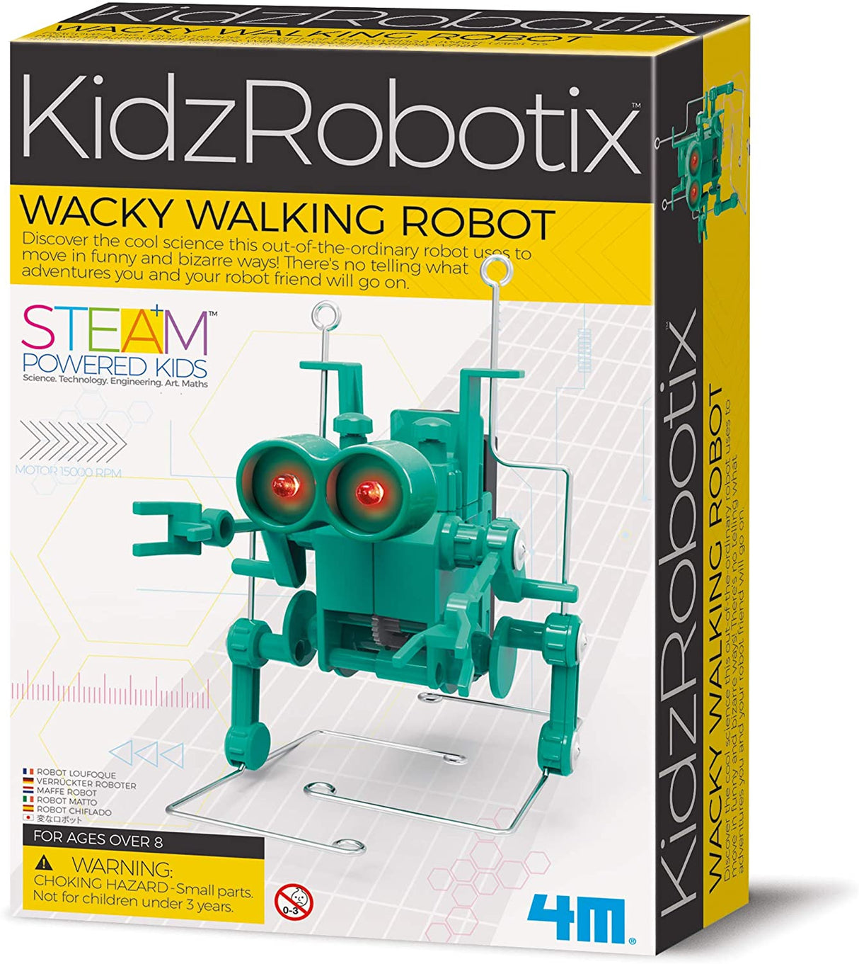 Green, articulated toy robot toy box showing a walking robot toy for Toy Smith 3869