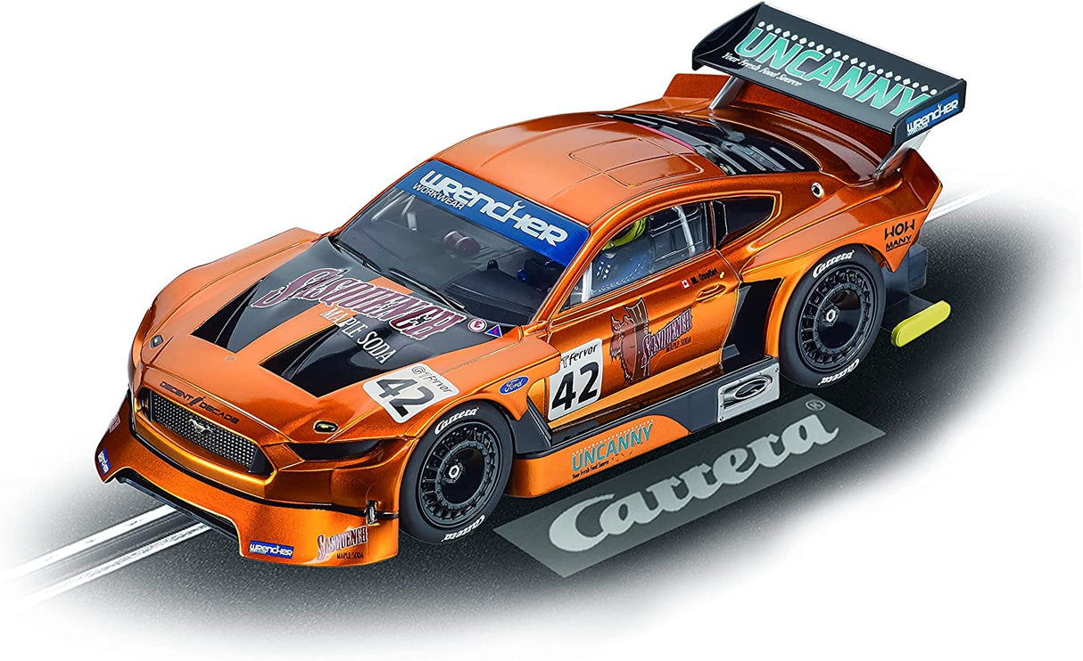 Orange Ford Mustang race car model with "Wrencher" and "Uncanny" decals for Carrera 20027669