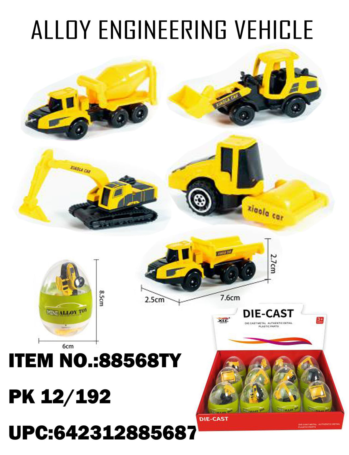 Assortment of small die-cast construction vehicles in eggshell packaging for BVP 88568