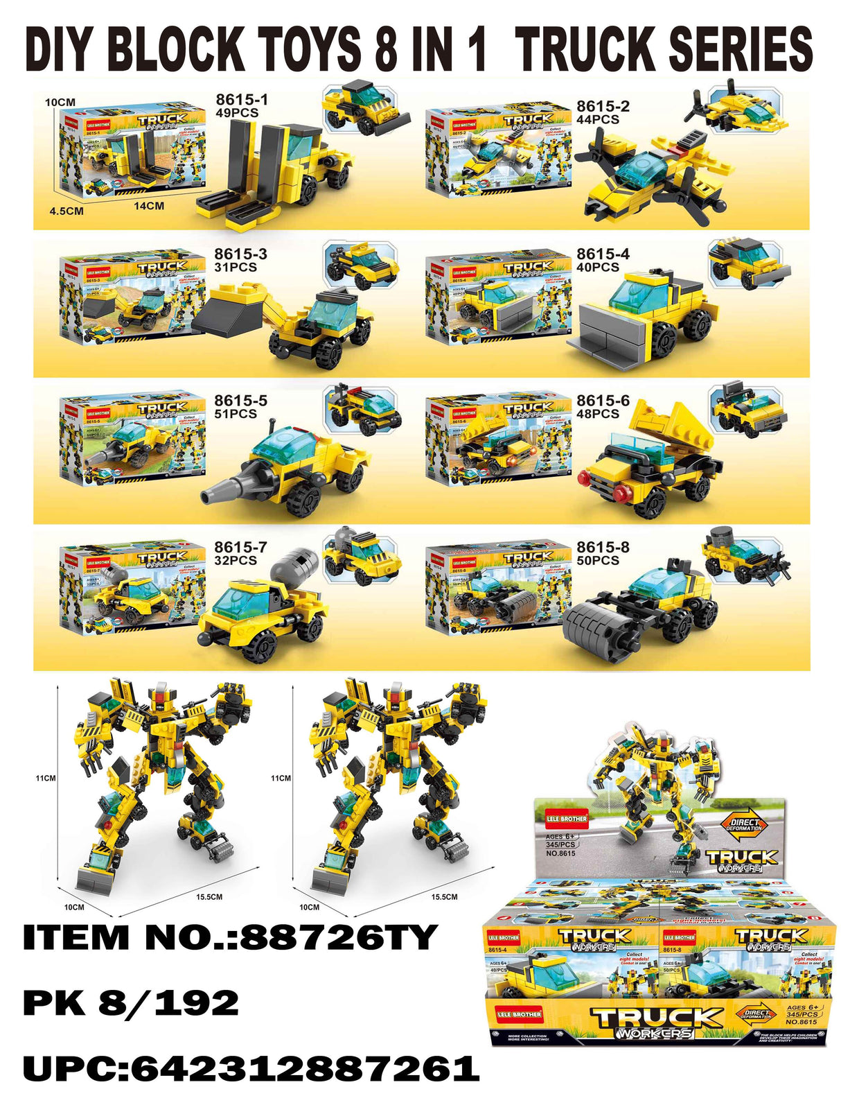 Assortment of 8-in-1 truck building block sets for kids for BVP 88726