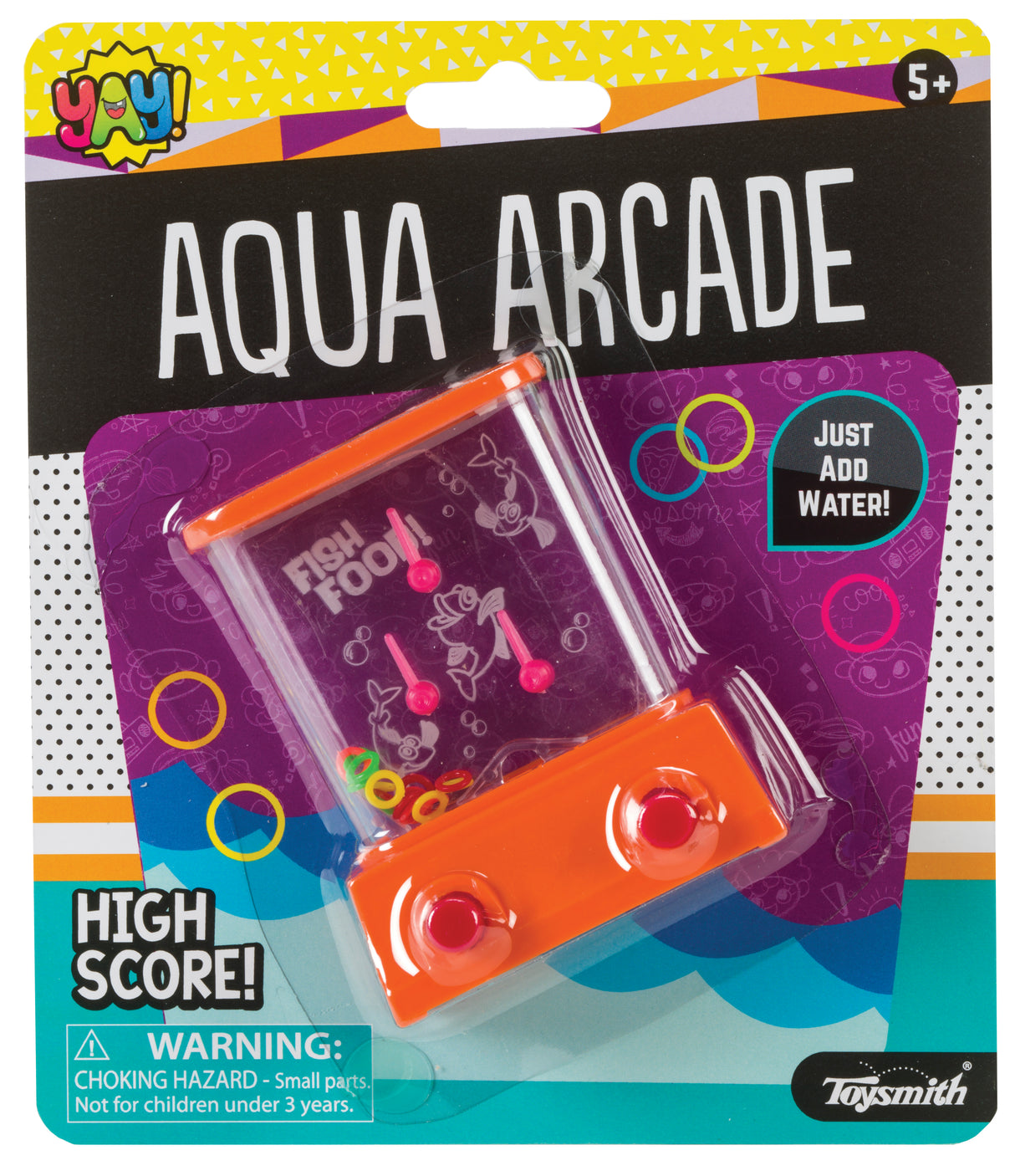 Toy arcade game box featuring a clear plastic fish-feeding toy for Toy Smith 90908
