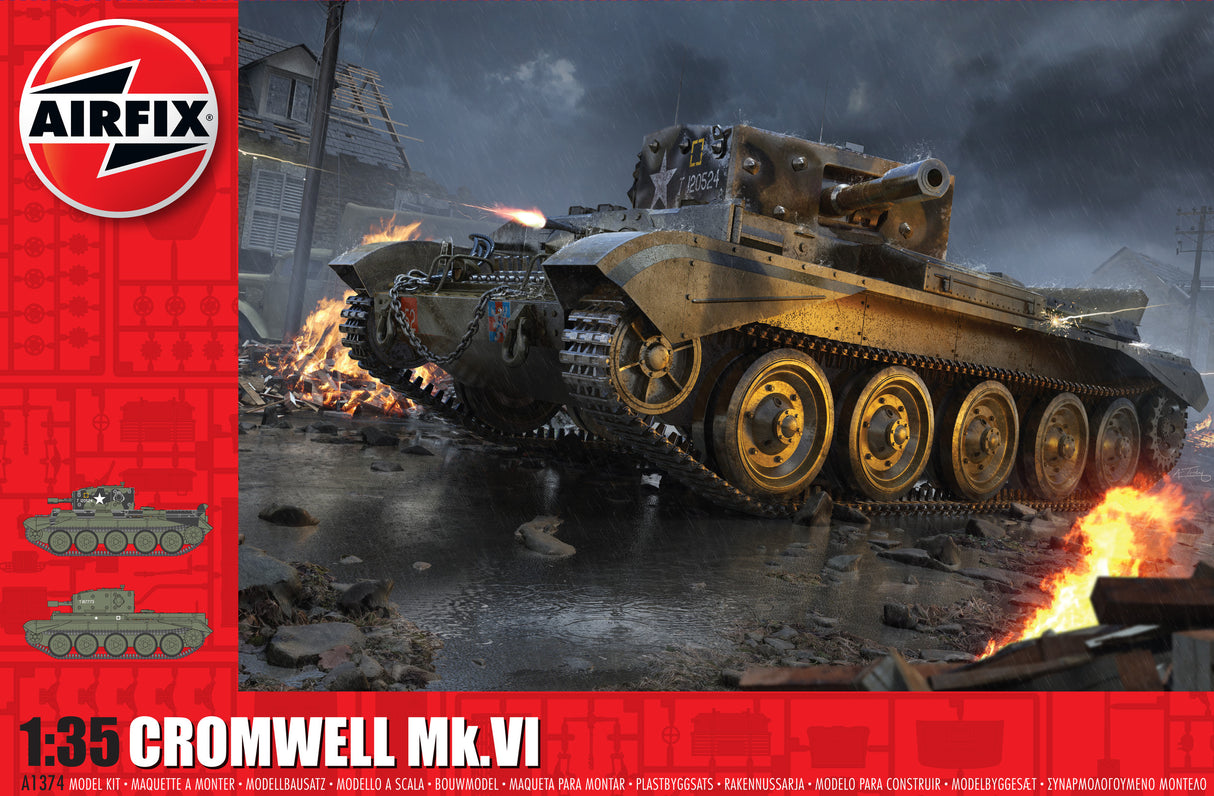 Cromwell tank model amidst flames, detailed diorama scene for Airfix A1374