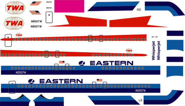 Model kit parts for a Boeing 727 jet, showing fuselage sections and decals for Atlantis Model Co ALM351
