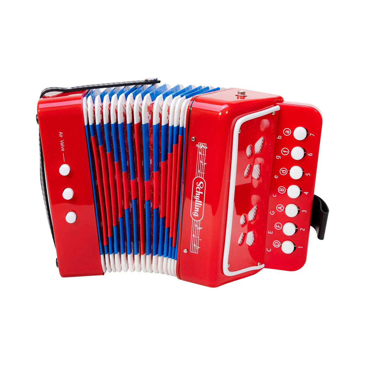 Red and white accordion with keys and bellows for Schylling ACDN