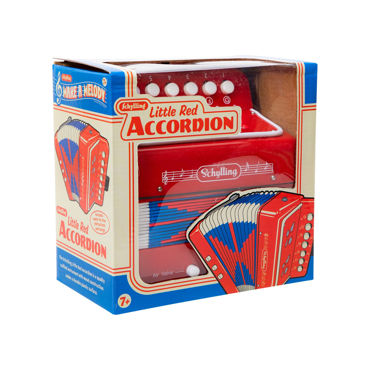 Red toy accordion in its box, featuring bellows and keys for Schylling ACDN