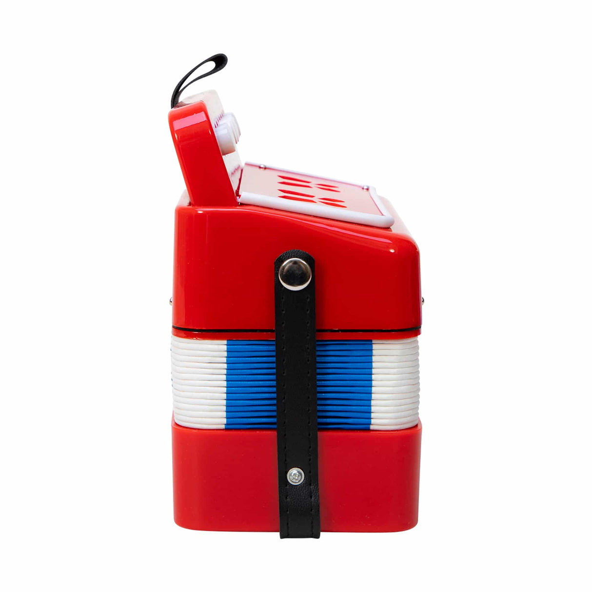 Red accordion-style case with white and blue striped side panel for Schylling ACDN