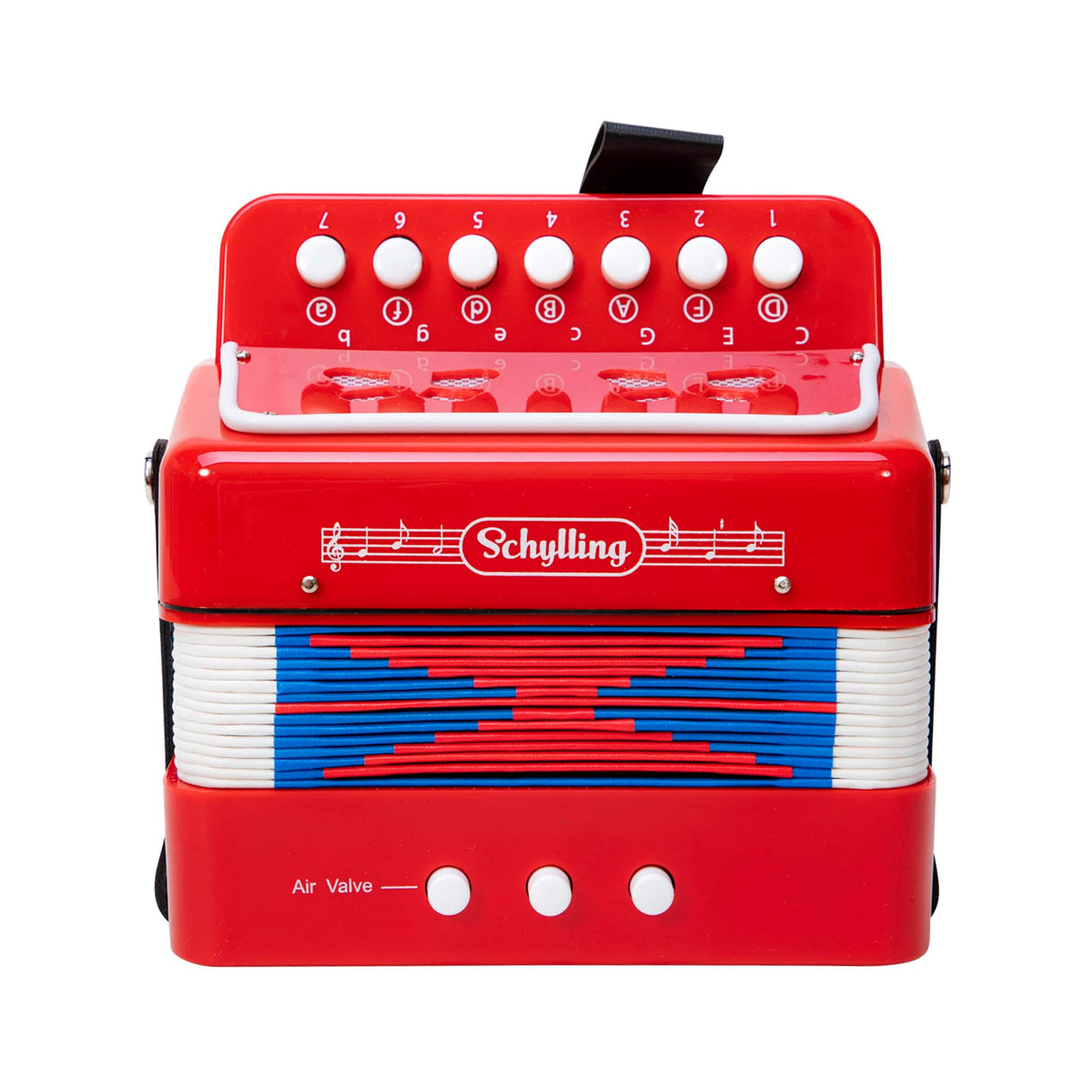 Red accordion with white and blue bellows and white buttons for Schylling ACDN