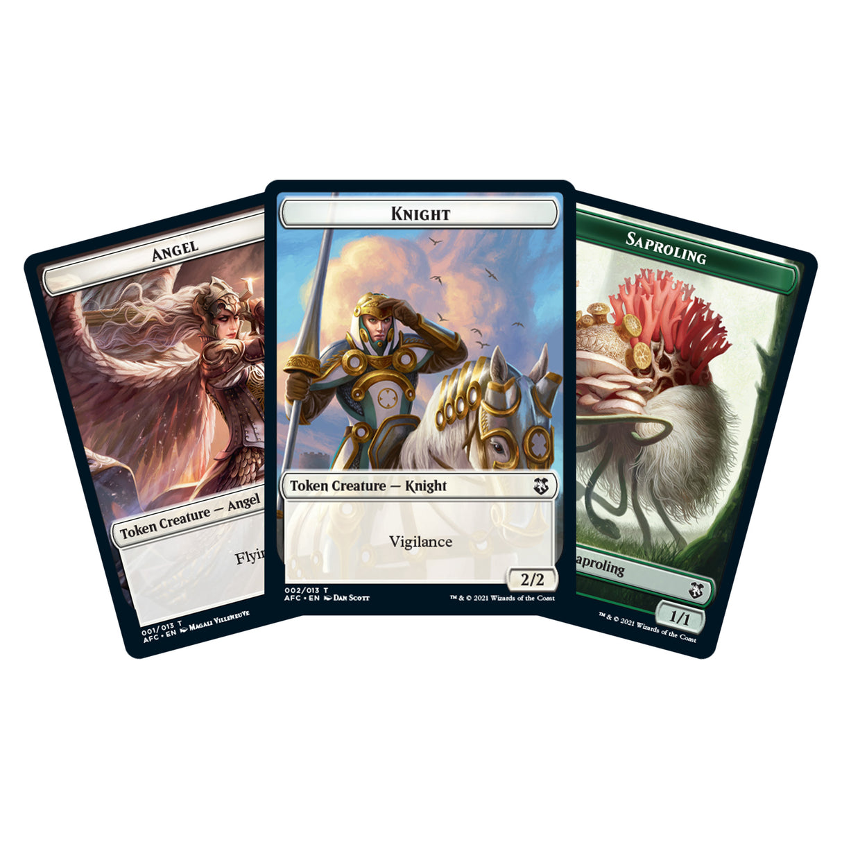 Three Magic: The Gathering token cards: Angel, Knight, and Saproling for C87490000