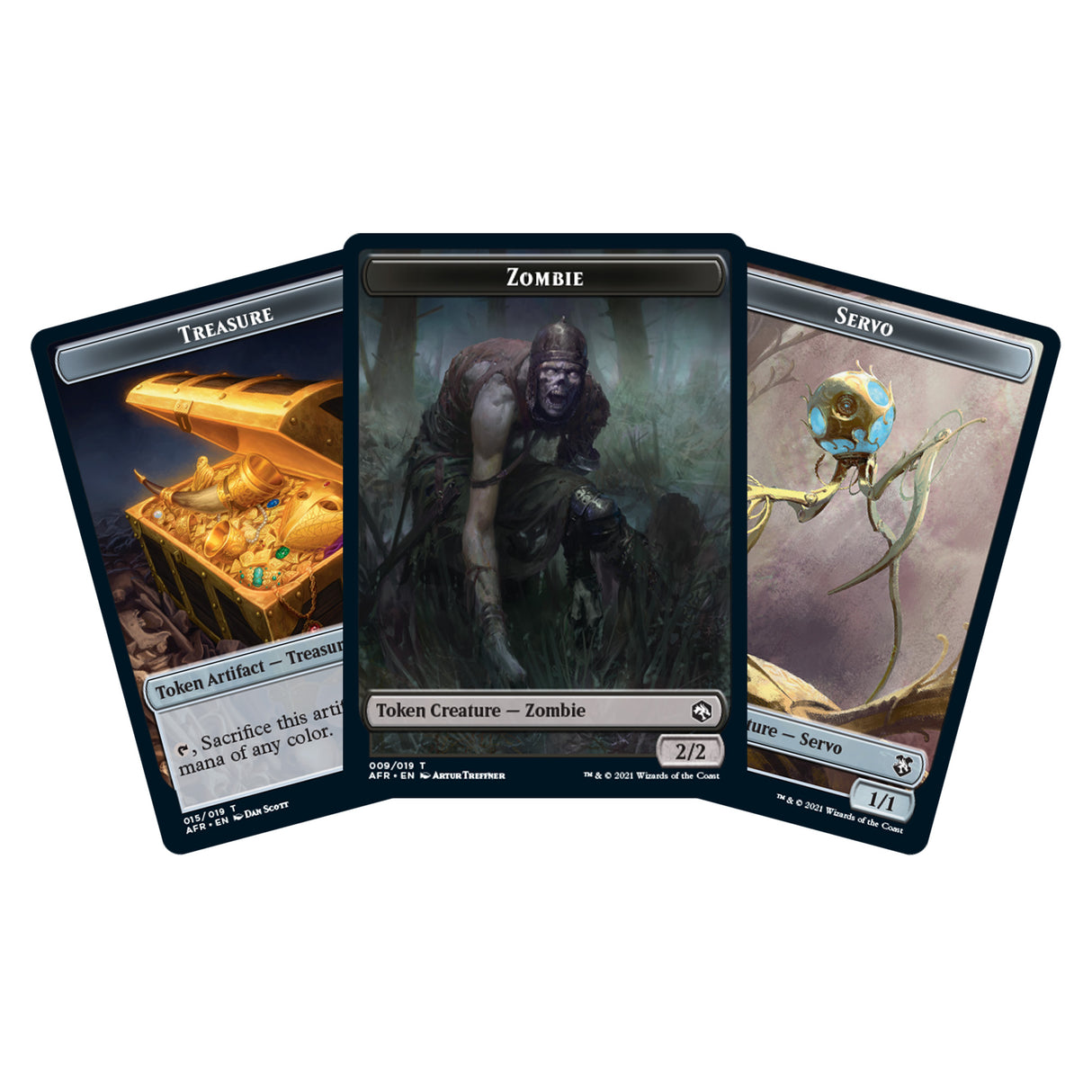 Three Magic: The Gathering cards: Treasure, Zombie, and Seryo for C87490000