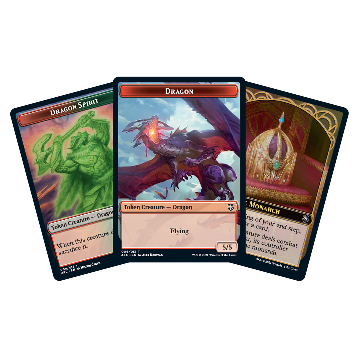 Three Magic: The Gathering cards: Dragon Spirit, Dragon, and Monarch for C87490000