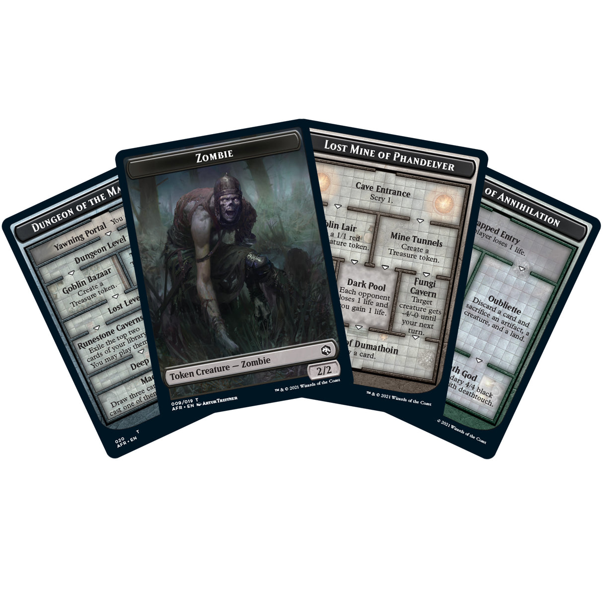 Magic: The Gathering cards displayed: Zombie, Lost Mine of Phandelver, and of Annihilation for C87490000