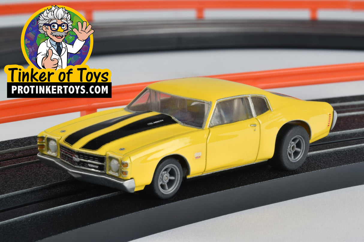 Yellow 1971 Chevelle 454 slot car on a track for AFX/Racemasters 22050