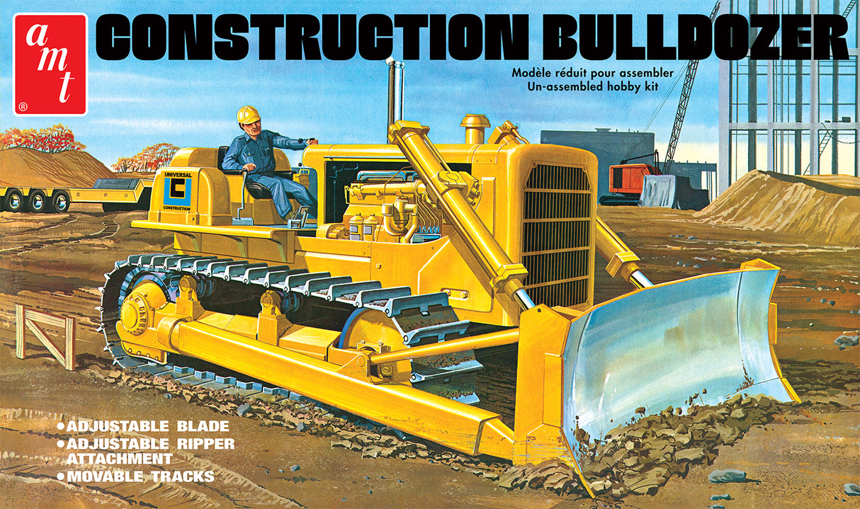 Yellow bulldozer model kit with adjustable blade and ripper attachment for AMT AMT1086