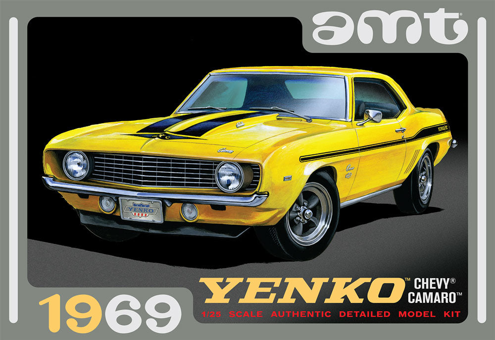 Yellow 1969 Yenko Camaro model kit, front three-quarter view for AMT AMT1093