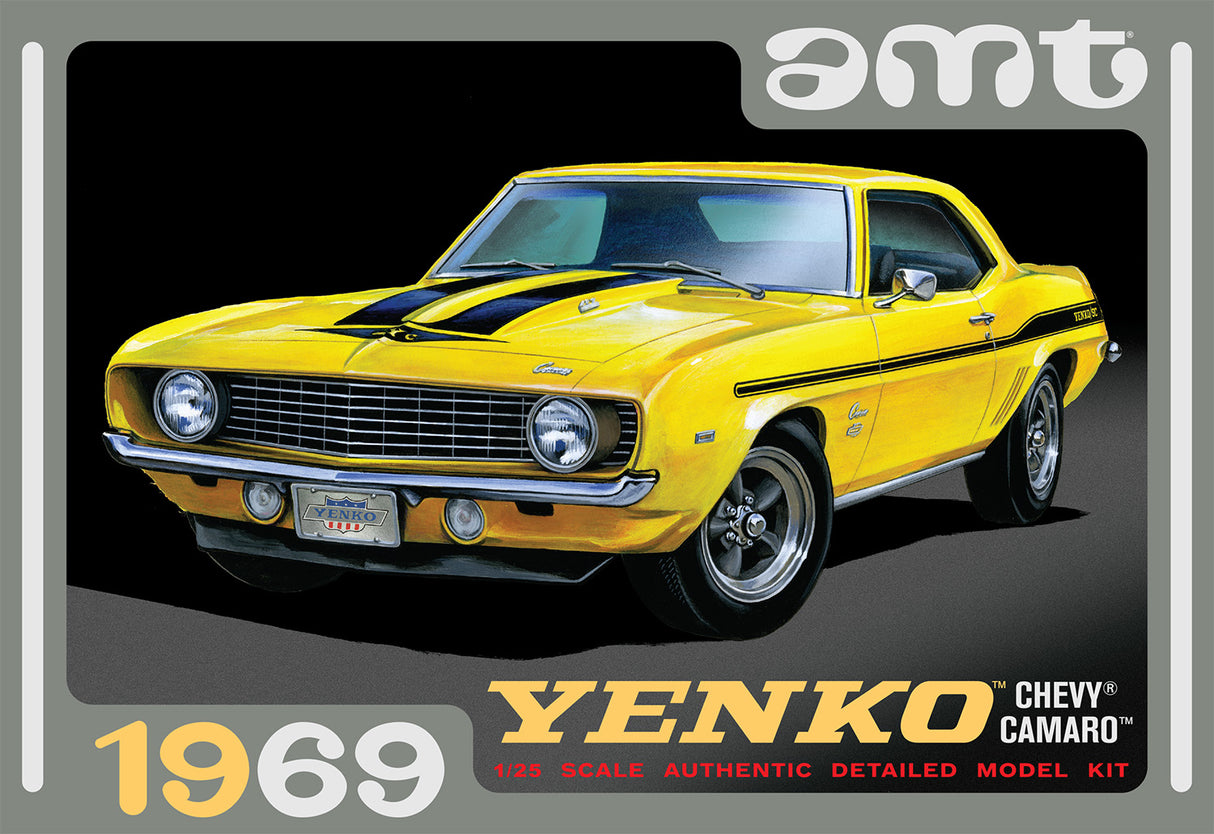 Yellow 1969 Camaro model kit, side view, showing sporty details for AMT AMT1093
