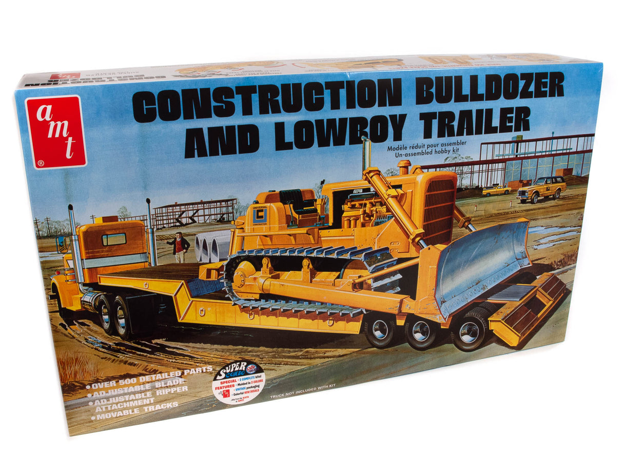 Model kit box art showing a yellow bulldozer and lowboy trailer for AMT 1218