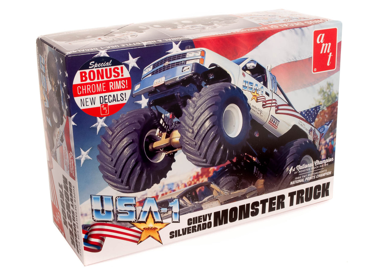 Box art for USA-1 Chevy Silverado Monster Truck model kit for AMT AMT1252