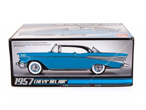 Blue 1957 Chevy Bel Air model kit box art showing the car for AMT AMT638M