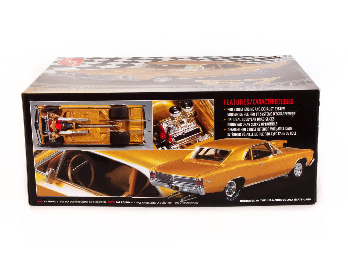 Model kit box art showing a 1967 Chevy Chevelle and engine parts for AMT AMT876