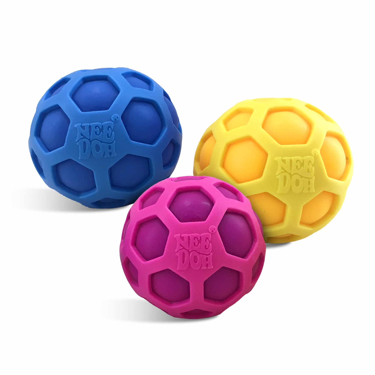 Three colorful, textured stress balls in blue, yellow, and pink for Nee Doh ATND