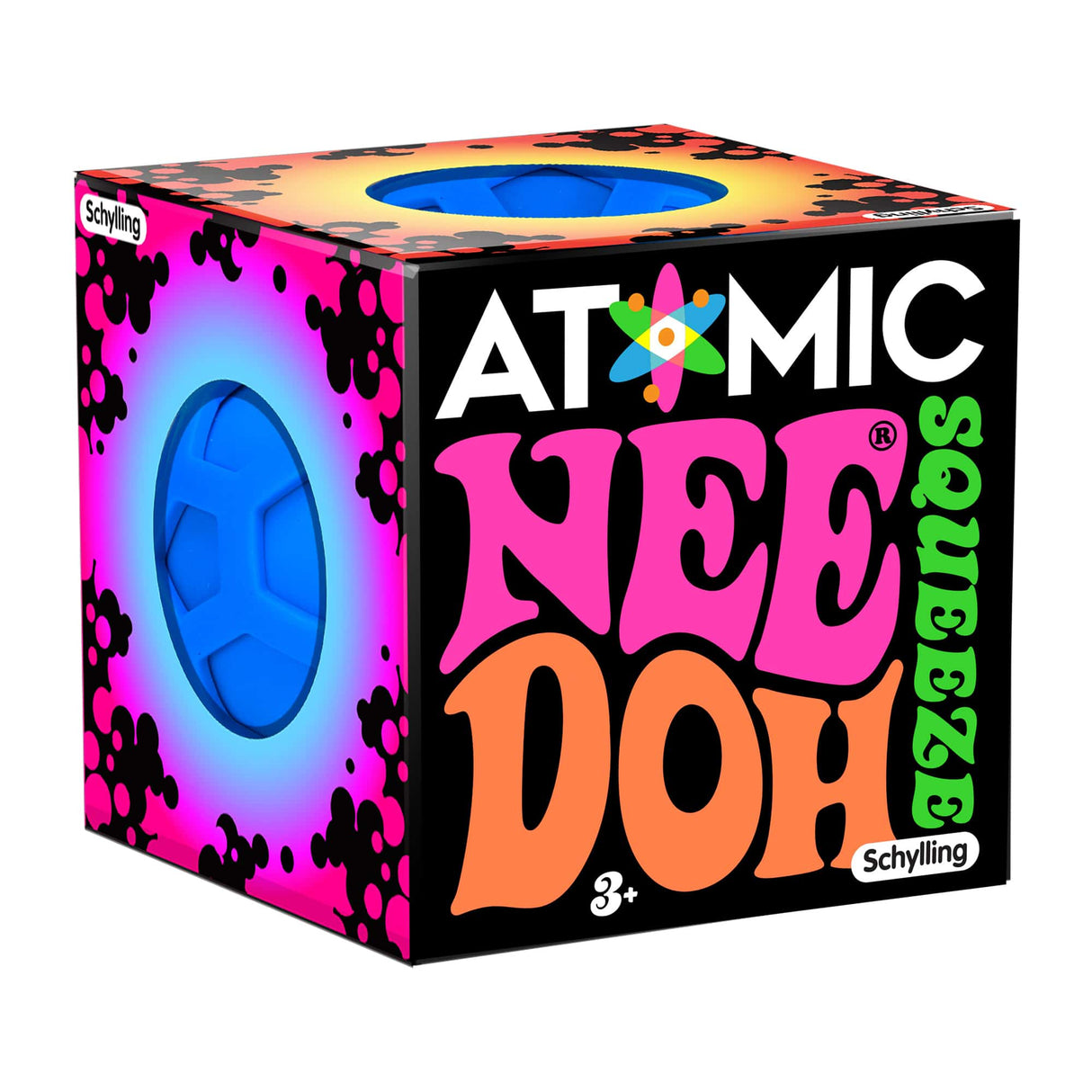 Toy box featuring "Atomic Nee Doh Squeeze" for ages 3+ for ATND