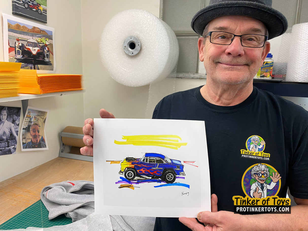 Sketch print of a blue and yellow '55 Chevy Bel Air slot car for Timothy W. Young 8”x10”