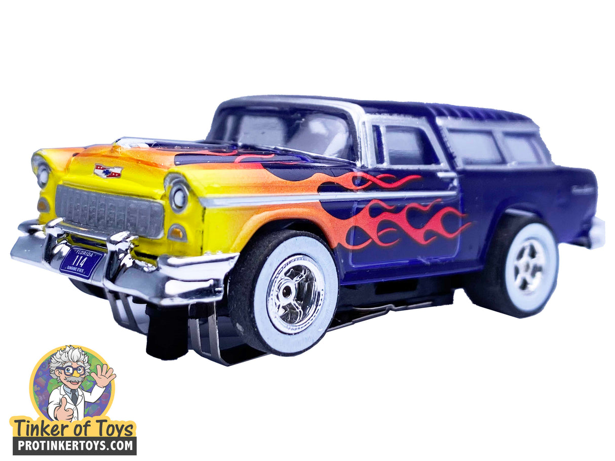 Blue and yellow 1955 Chevrolet Nomad toy car for Auto World CP7780