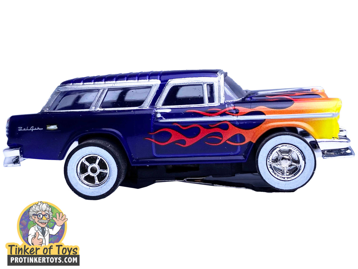 Blue and orange 1955 Chevrolet Nomad toy car for Auto World CP7780, rear view