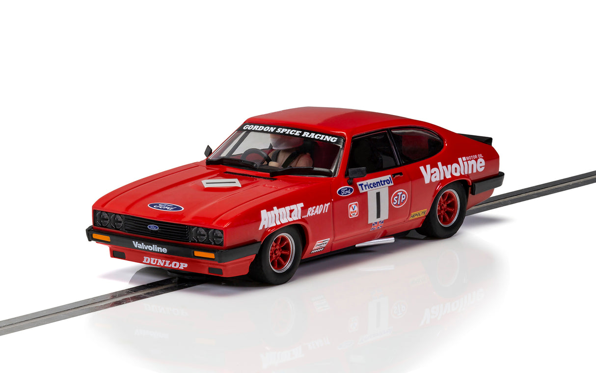 Red Ford Capri race car model from Gordon Spice Racing on a track for Scalextric C4250