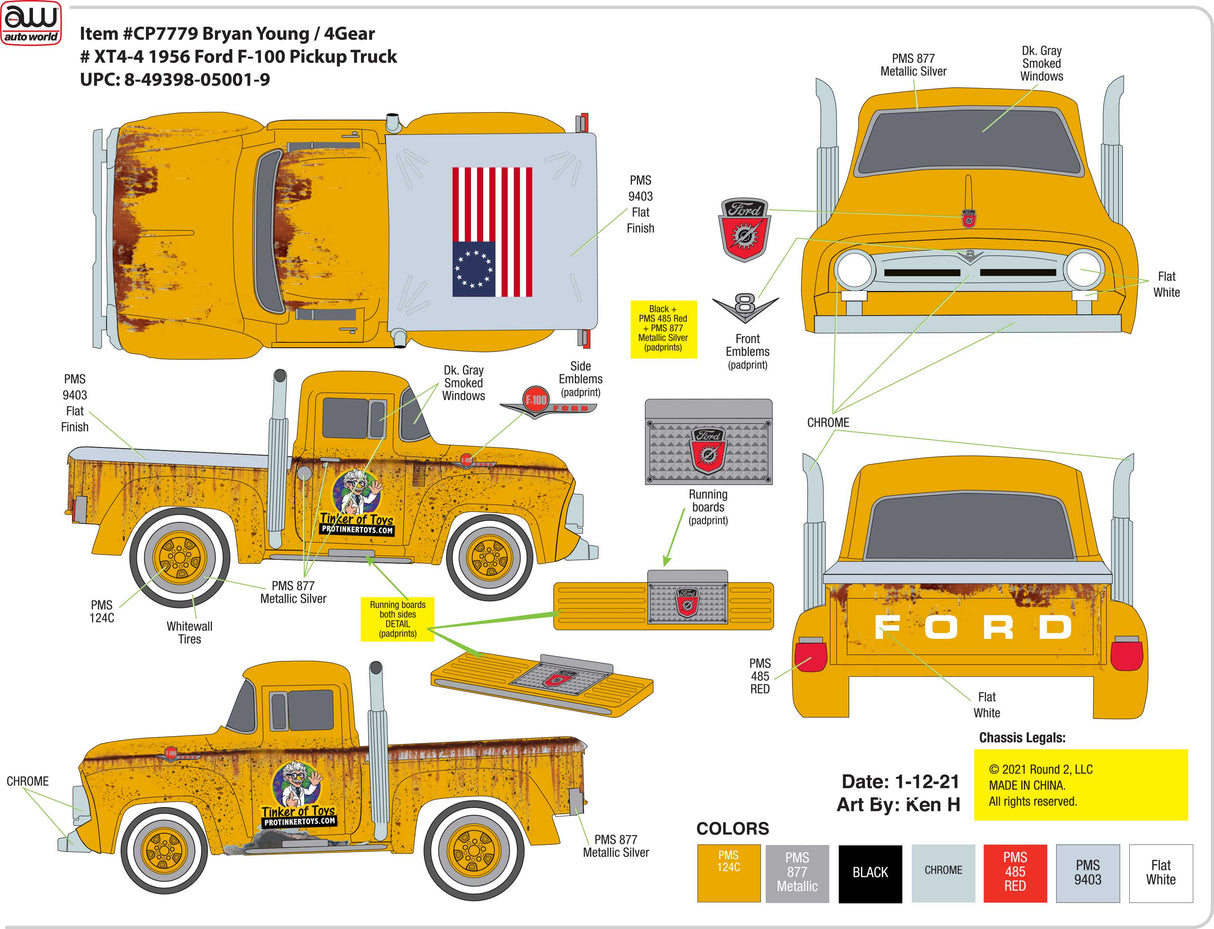 Yellow 1956 Ford F-100 pickup truck model kit with assembly parts for Auto World