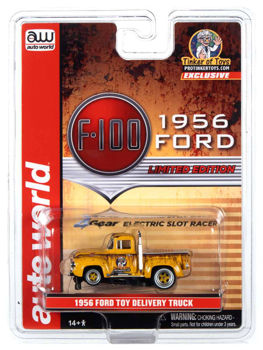 Yellow 1956 Ford F-100 toy pickup truck in clear plastic packaging for Auto World
