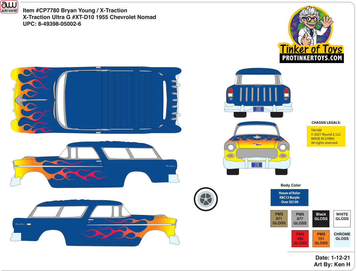 Blue and orange 1955 Chevrolet Nomad toy car illustration for Auto World CP7780
