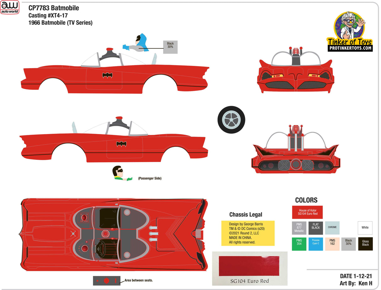 Red 1966 Batmobile side and top views with color options for Auto World CP7783