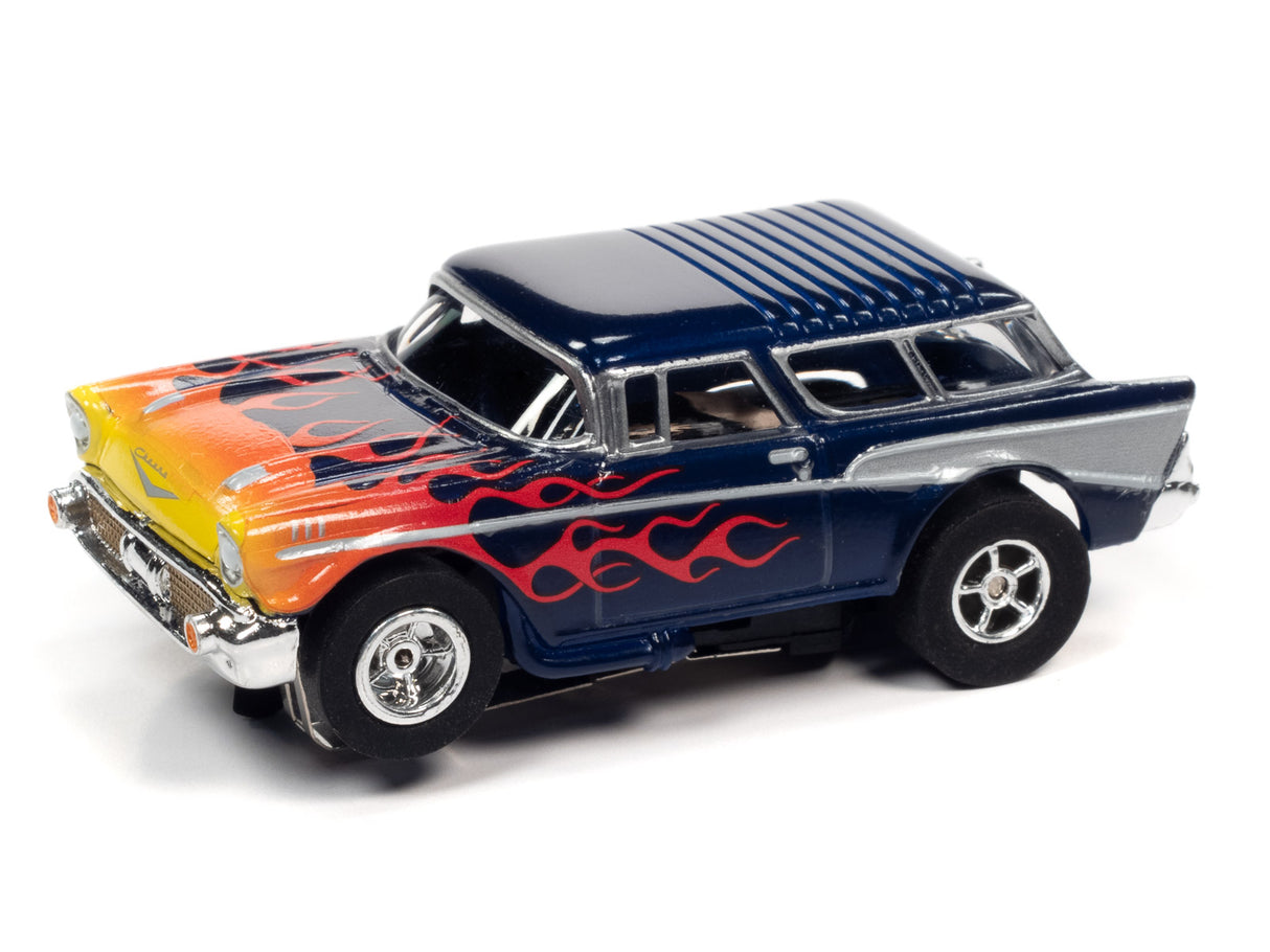 Slot car of a 1957 Chevrolet Nomad with blue and orange flames for Auto World CP7819