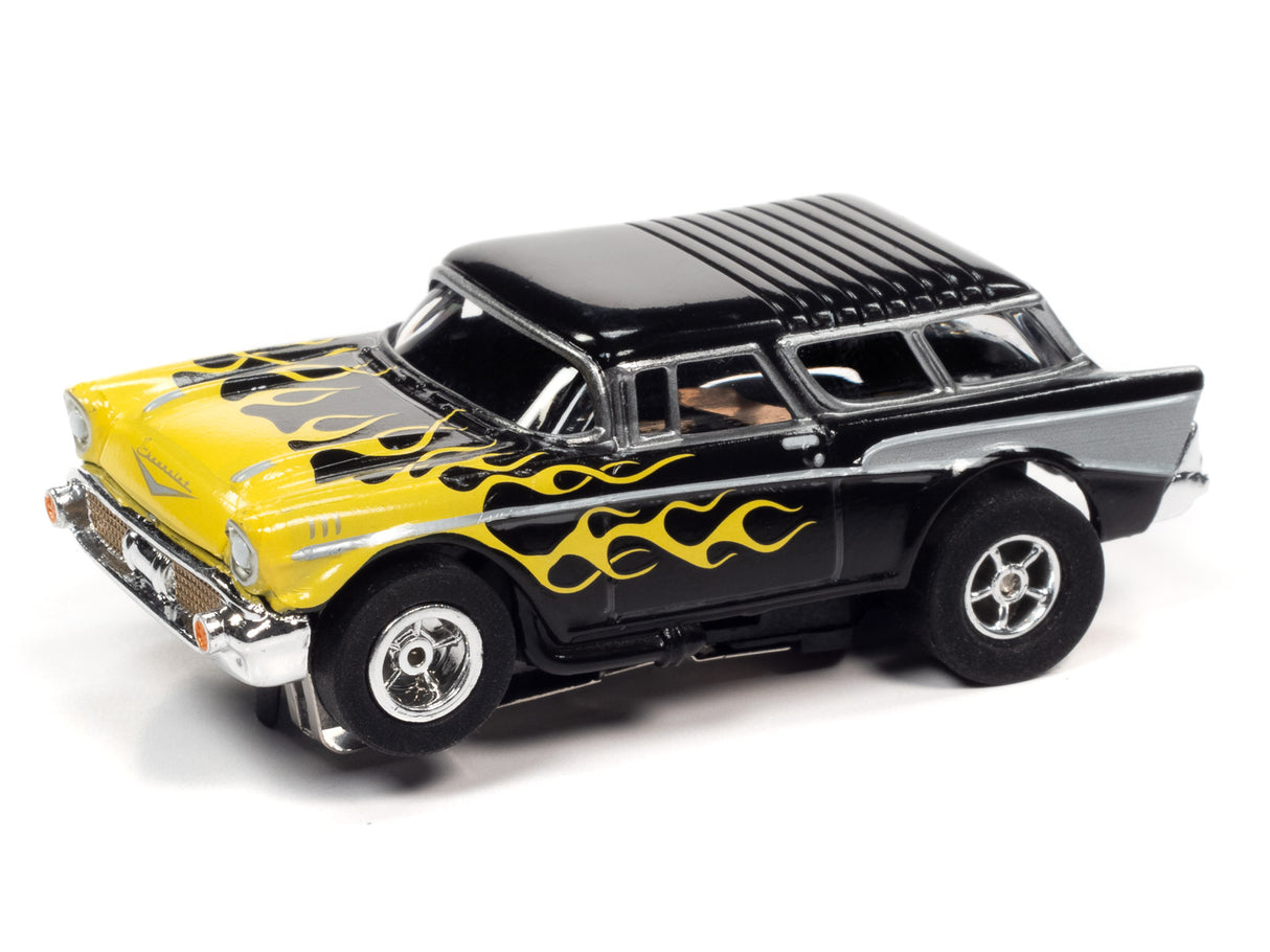 Black and yellow flame 1957 Chevrolet Nomad slot car for Auto World CP7820