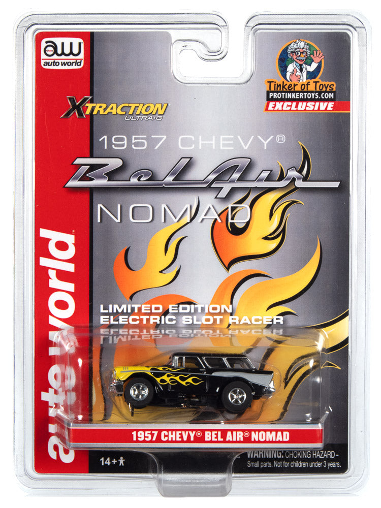 Black and yellow flame 1957 Chevrolet Nomad electric slot car set for Auto World CP7820